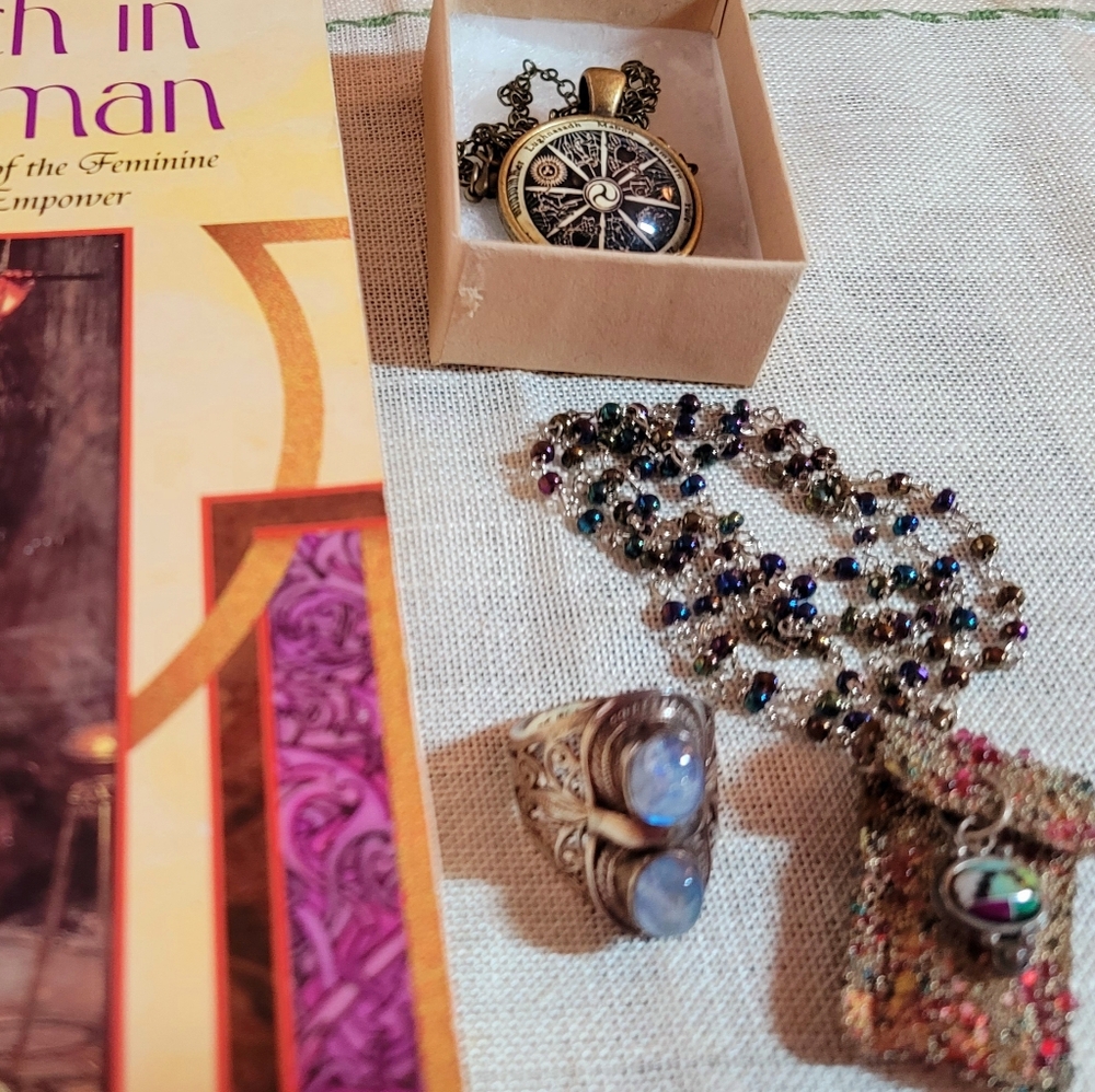 Mystical Bundle: Goddess Book, Amulet Bag, Necklace & Moonstone Sterling Ring!
